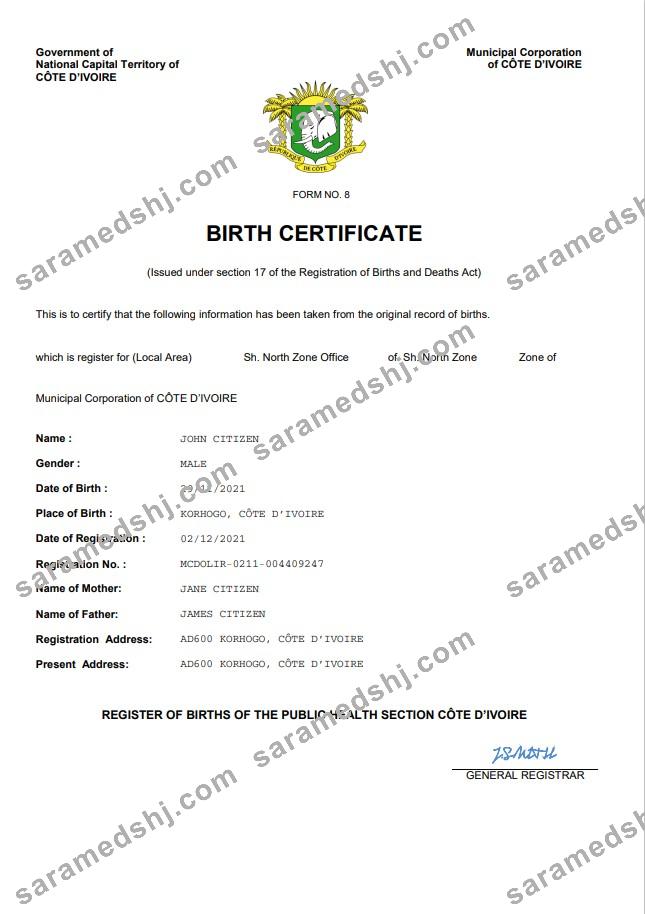 Cote d’Ivoire vital record birth certificate Word and PDF template